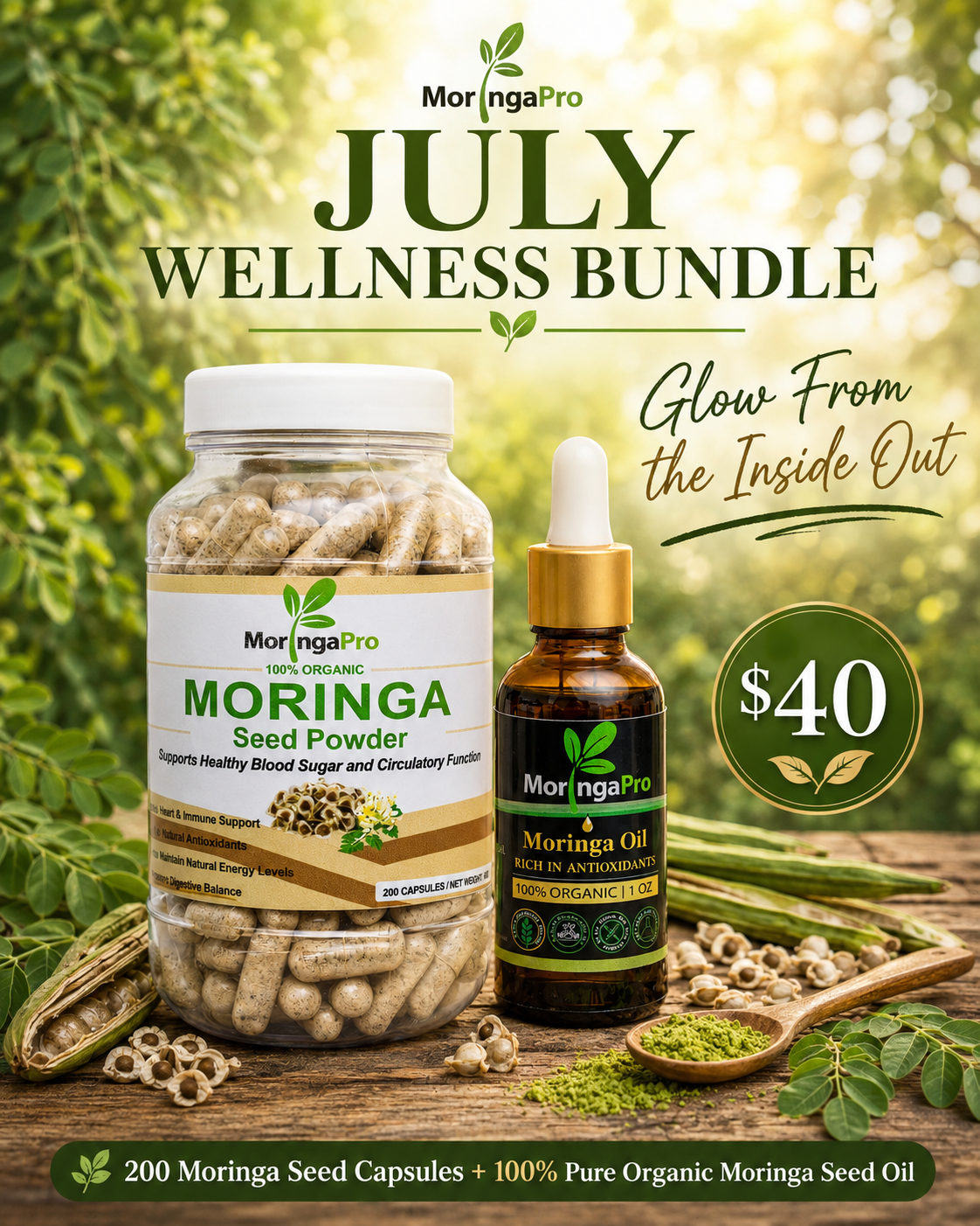 July Wellness Bundle: Moringa Seed Capsules + Moringa Seed Oil