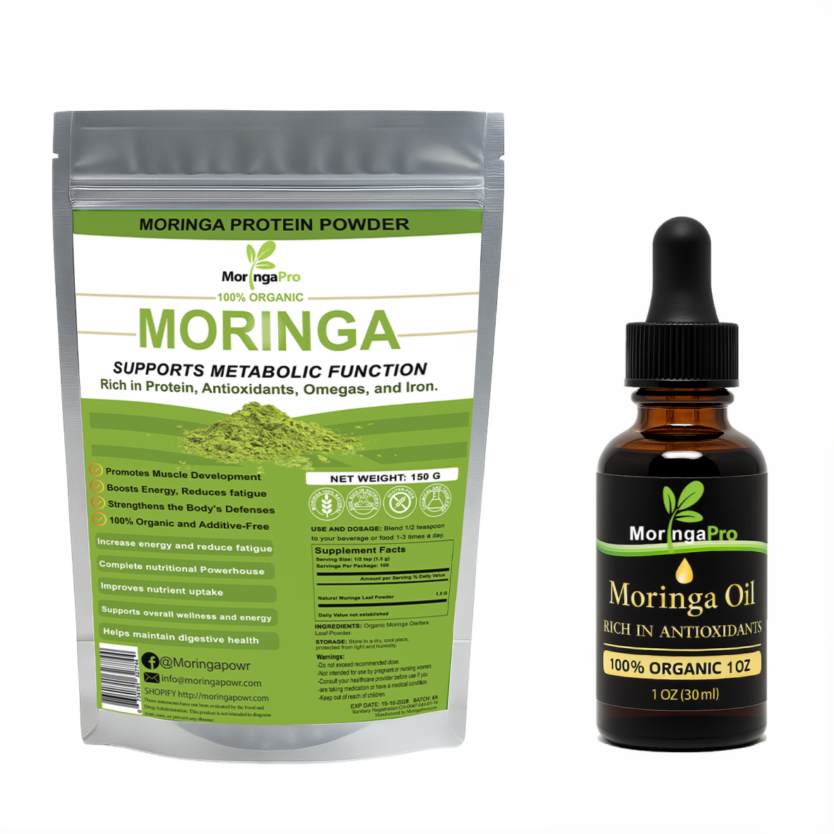 Moringa leaf powder + moringa seed oil (dropper)