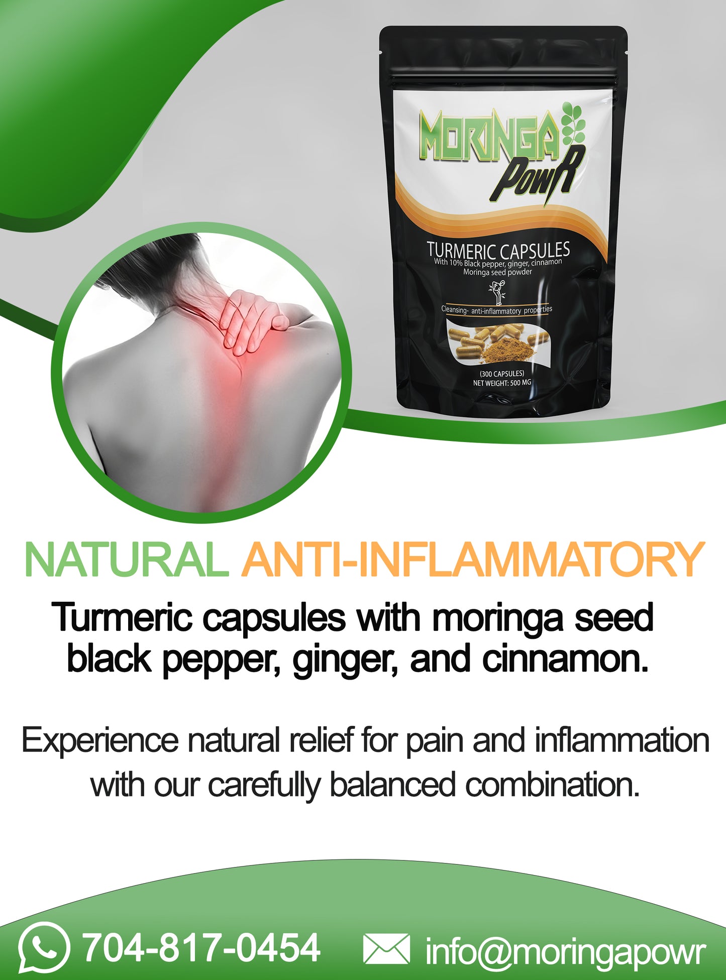 Natural Turmeric Capsules, 85% Natural Turmeric Capsules  (15% Black Pepper, Ginger, Cinnamon and Moringa Seed) 400 mg  Powerful anti-inflammatory, detoxification and organ and blood cleansing combination