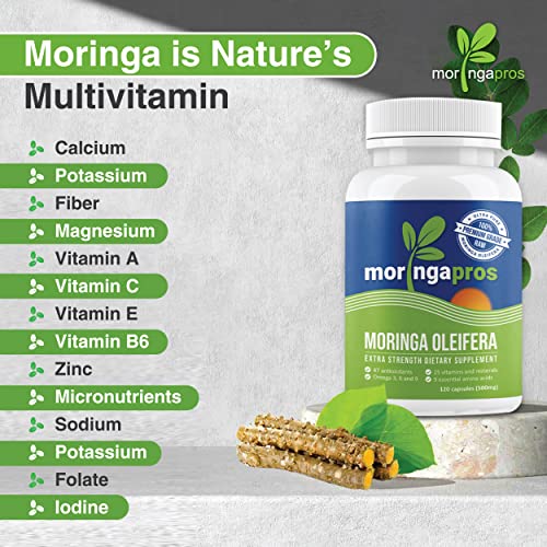 Natural Moringa Oleifera Capsules (500 mg) 120 Capsules (1 Month Supply) Increase Energy Level, Reduce Appetite, Non-GMO, Toxin Free.