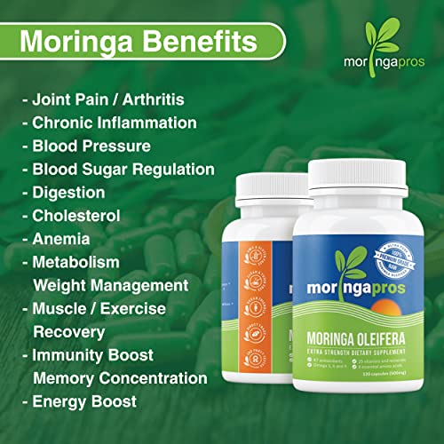 Natural Moringa Oleifera Capsules (500 mg) 120 Capsules (1 Month Supply) Increase Energy Level, Reduce Appetite, Non-GMO, Toxin Free.